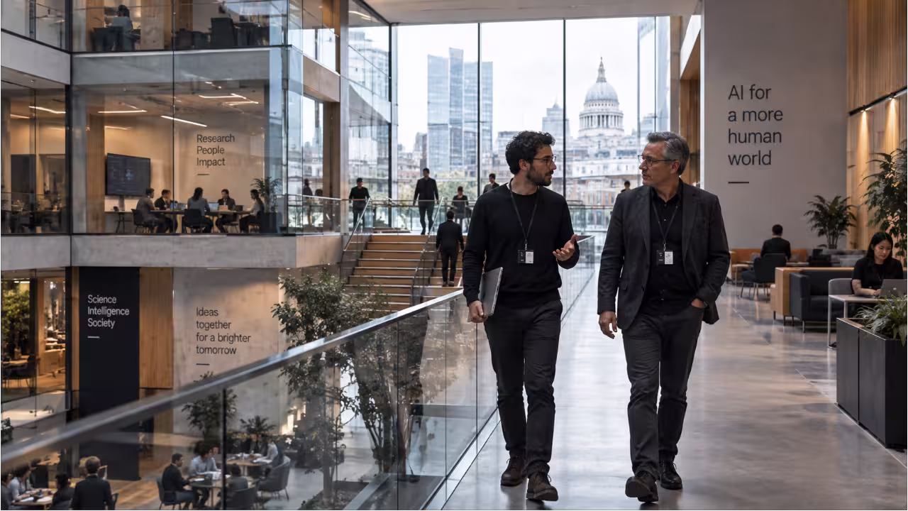 Google DeepMind Institute research atrium where Demis Hassabis and Shane Legg address AGI safety for the 2028 horizon