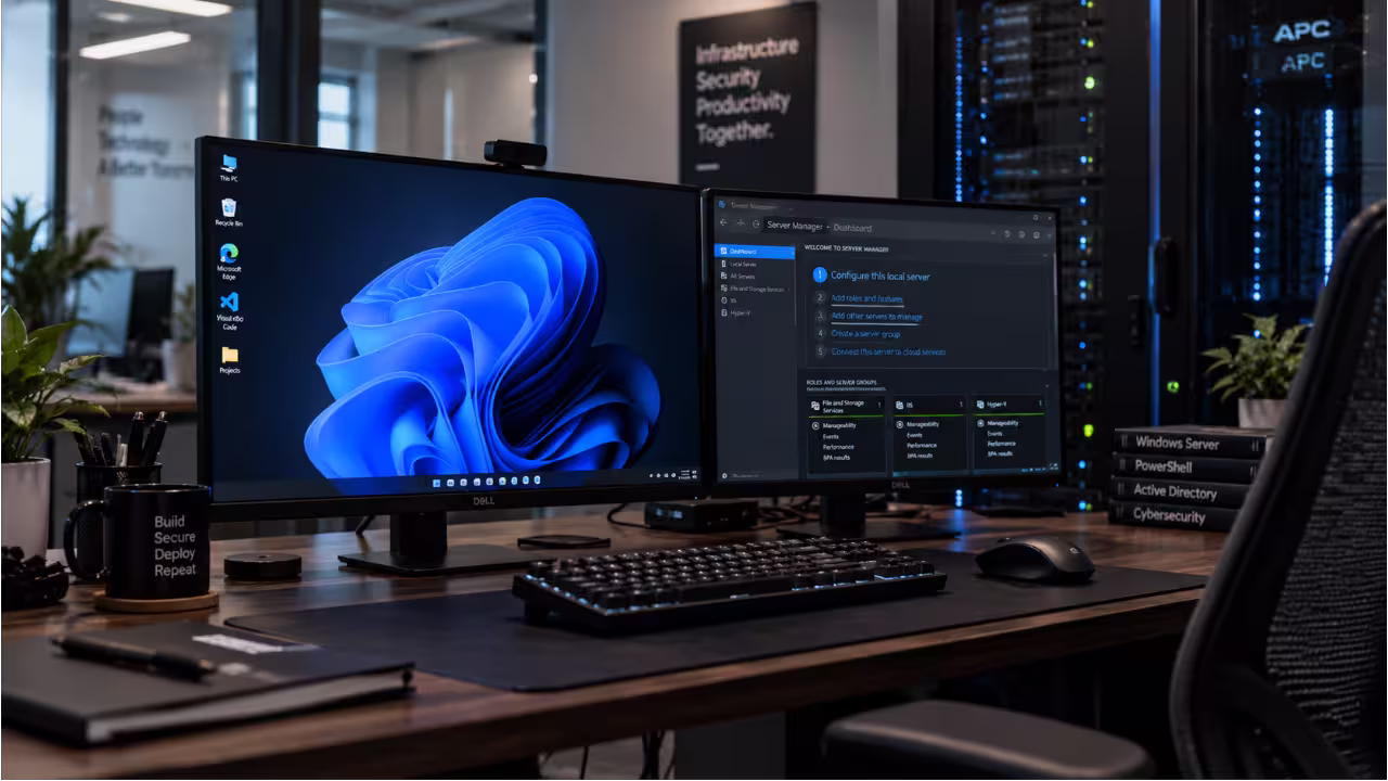 Enterprise dual-monitor workstation displaying Windows 11 desktop and the emergency cumulative update KB5129195